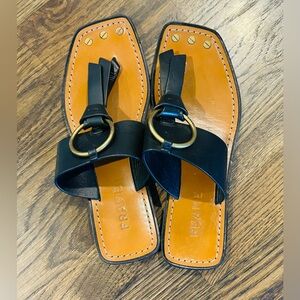 Frame Leather Slide Tassel Sandals Black Women's Size 7.5 Wide Strap Square Toe